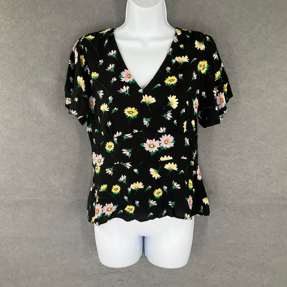 LOFT Black Floral Flutter Sleeve V‎ Neck Babydoll Top Women's Size 6 Bloomcore